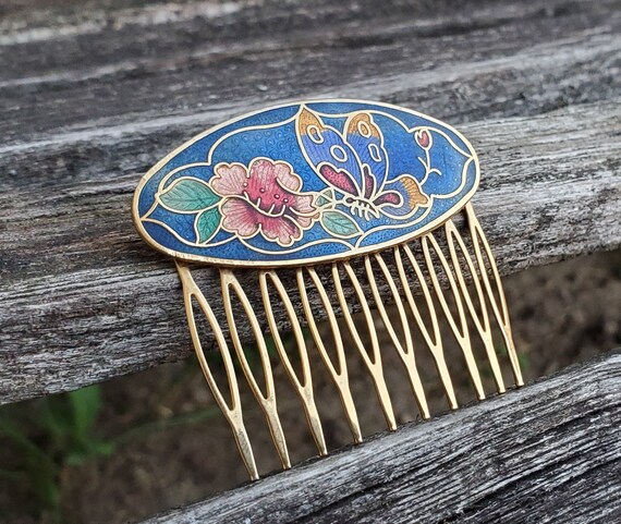 Vintage Butterfly Hair Comb. Cloisonne. Wedding, … - image 2