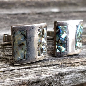 Vintage Sterling Silver Abalone Cufflinks. Gift For Groomsmen, Groom, Dad, Wedding, Anniversary, Birthday