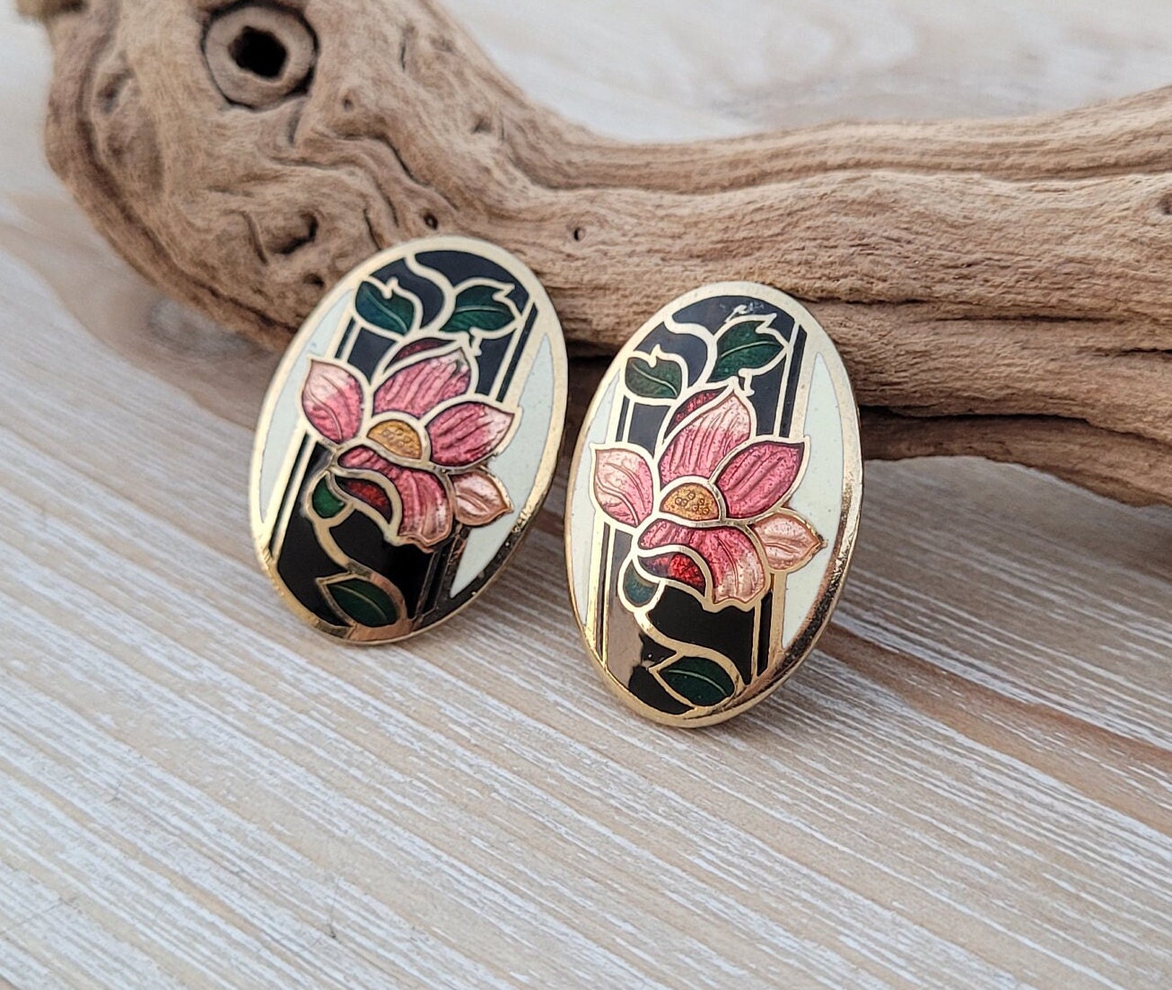 Boucles D'oreilles Anciennes Clips Art Déco Lotus - Argent Massif - Pendantes - Strass Avec Fissure - Occasion
