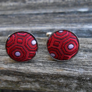Vintage Red Fabric Cufflinks. Gift For Dad, Groom, Groomsmen, Wedding, Anniversary, Birthday, Christmas, Father&#39;s Day.