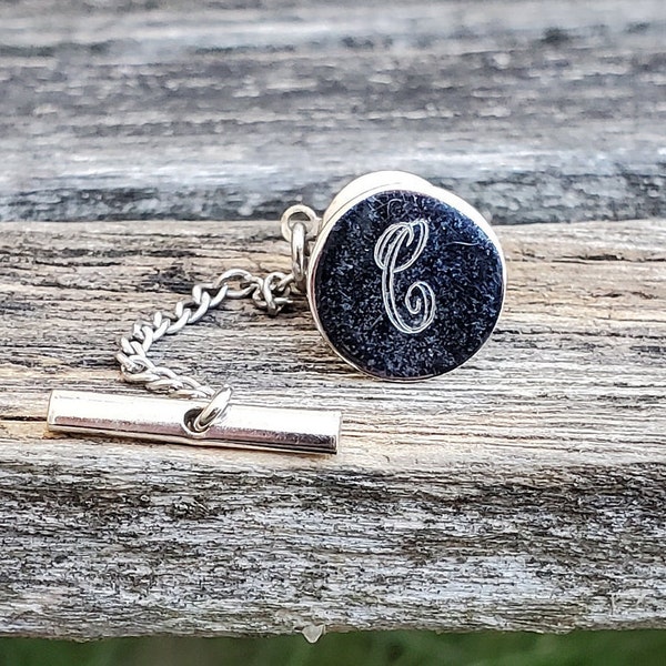 Vintage Monogram C Tie Tack. Sterling Silver. Gift For Dad, Wedding, Birthday, Anniversary, Christmas. Letter C