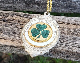 Vintage South London Feis Necklace. Cloisonne. Clover, Shamrock. Irish, Scottish. Dance, Festival. Clover Pendant