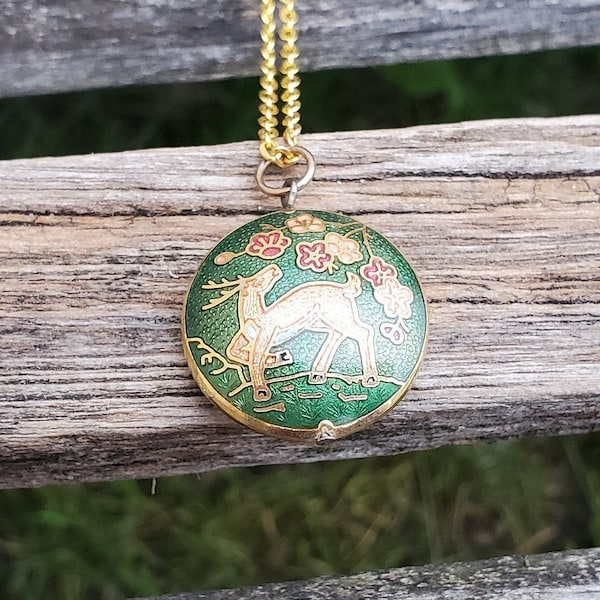 Vintage Deer Necklace. Cloisonne. Gift For Mom, Girls,  Anniversary, Christmas, Birthday, Mother's Day. Deer Pendant