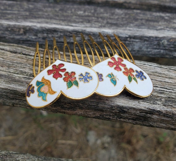 Vintage Cloisonne Gold Heart Floral Hair Accessory Vintage Heart Hair Comb. Cloisonne. Wedding, Anniversary  main image 2