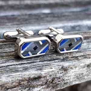 boutons de manchette bleus vintage. Cadeau pour garçons d&#39;honneur, mariés, pères, anniversaires.