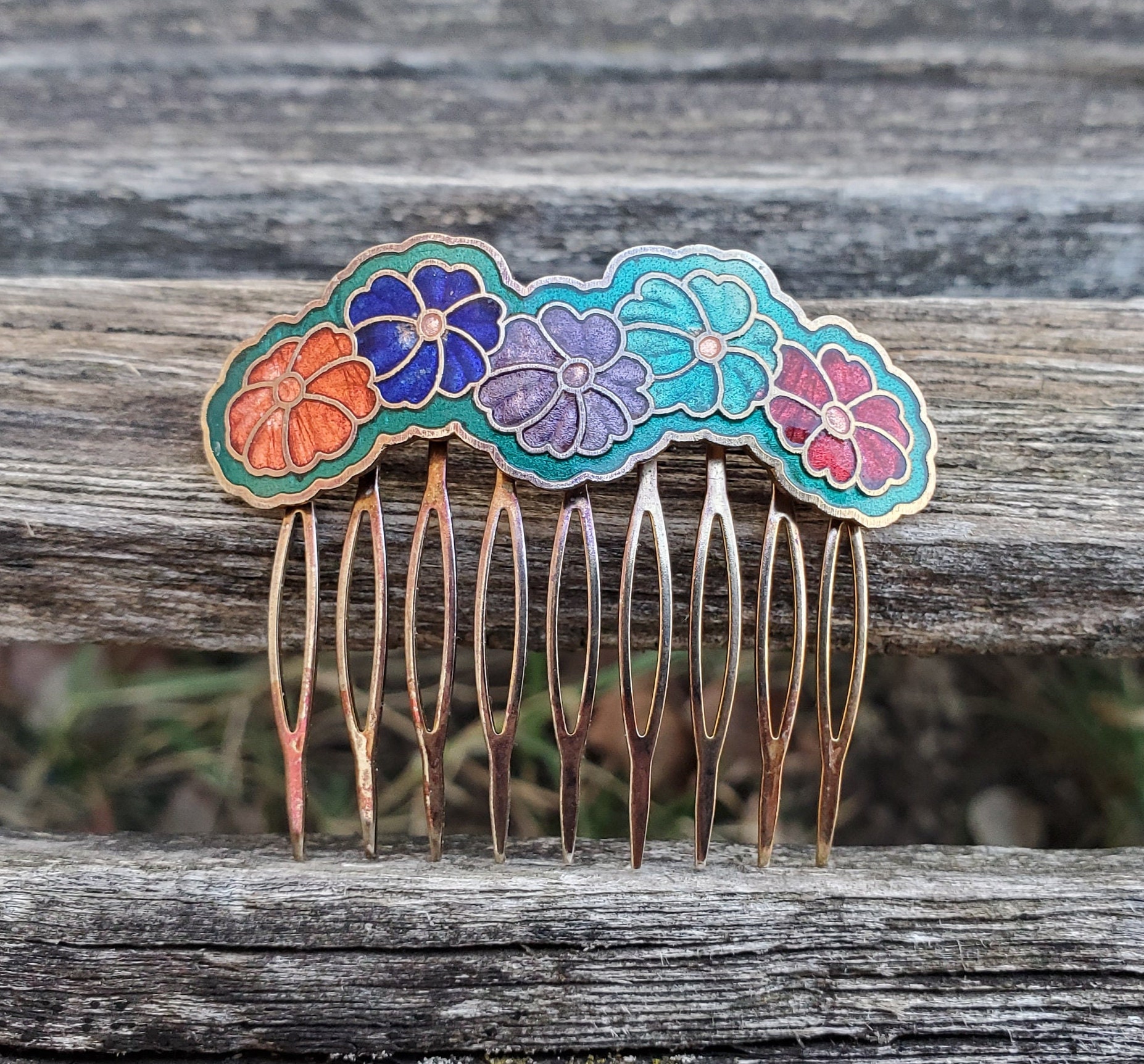 Vintage Flower Hair Comb. Cloisonne. Wedding, Anniversary  display picture 3