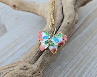 Collier vintage à pendentif papillon en émail cloisonné - France