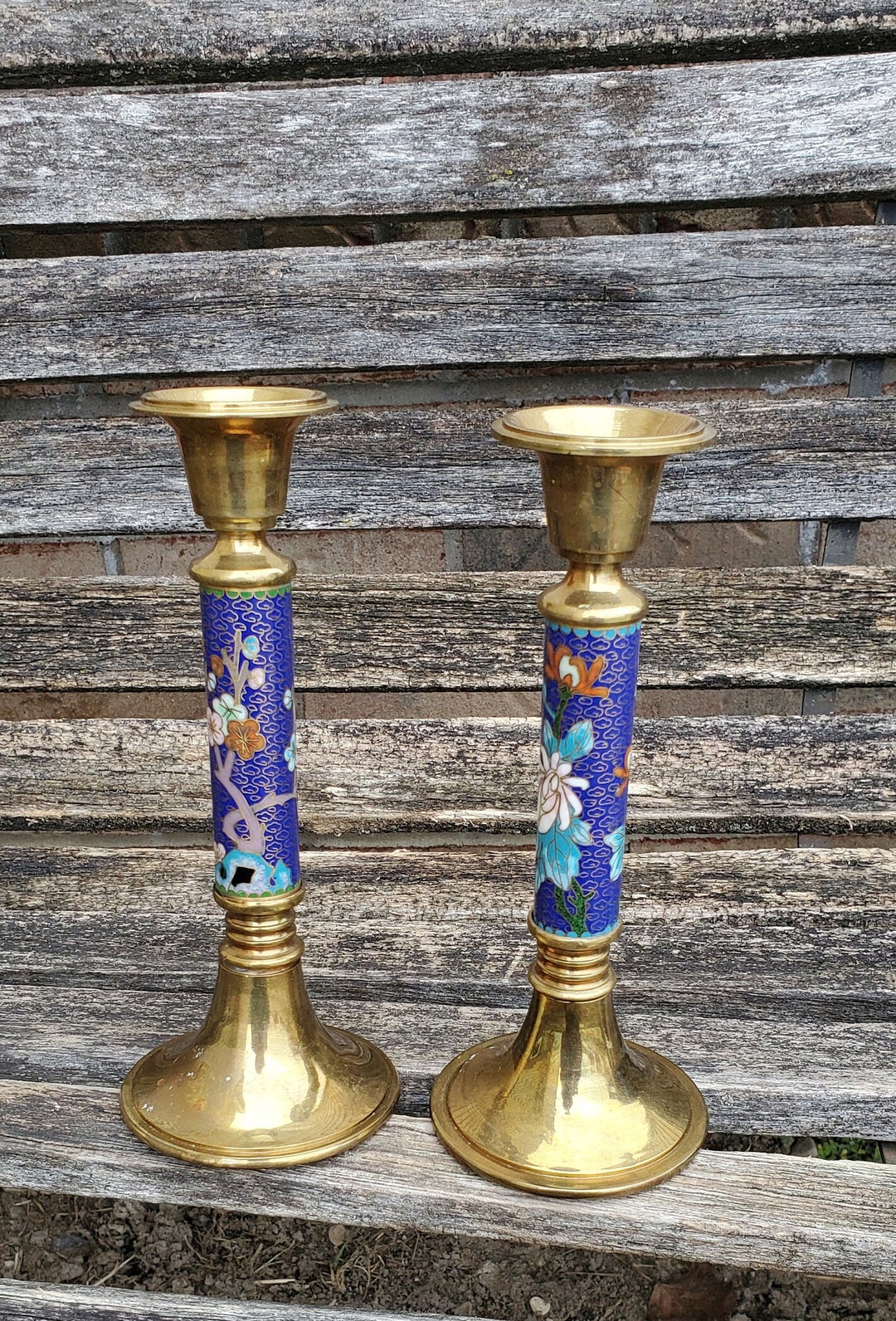 Vintage Cloisonne Candlesticks, Set of 2. Bird, Cherry Blossom. Gift