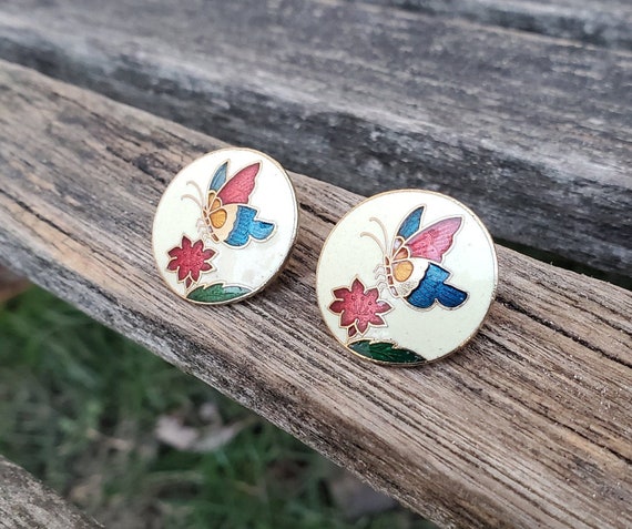 Vintage butterfly flower cloisonne earrings Gold blue red rose clip on earrings Mothers day jewelry gift for aunt