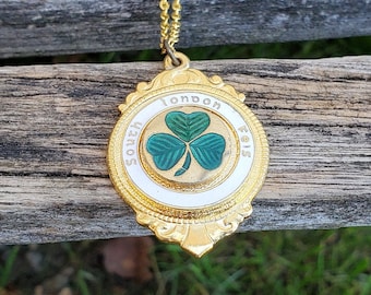 Vintage South London Feis Necklace. Cloisonne. Clover, Shamrock. Irish, Scottish. Dance, Festival. Clover Pendant