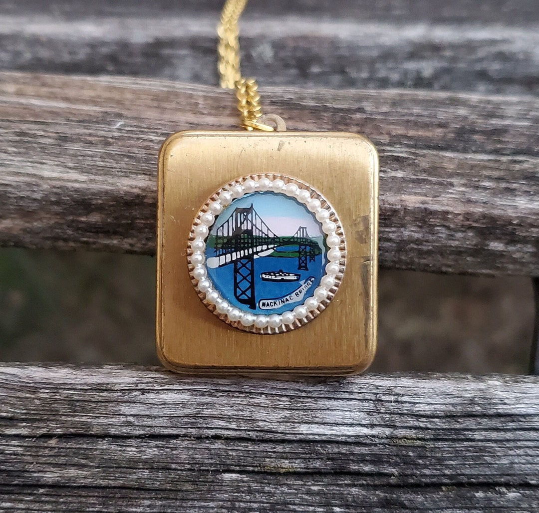 Vintage Music Box Pendant. Mackinac Bridge. Gift for Mom, Birthday