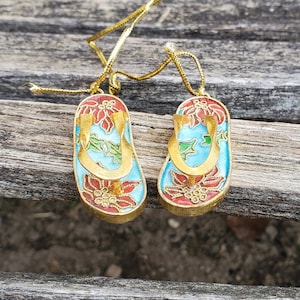Vintage Geisha Sandals, Cloisonne Ornaments. Gift For Mom, Anniversary Gift, Christmas Ornament. Poinsettia Ornament