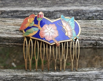 Vintage Butterfly Hair Comb. Cloisonne. Wedding, Anniversary, Birthday, Bridal.