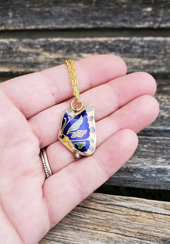 Collier Papillon Vintage En émail Cloisonné Bleu Rose - Occasion, Bon état