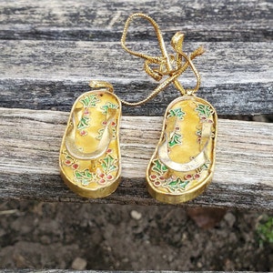 Vintage Geisha Sandals, Cloisonne Ornaments. Gift For Mom, Anniversary Gift, Christmas Ornament. Holly & Berries