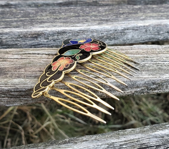 Vintage Butterfly & Flowers Hair Comb. Cloisonne.… - image 3