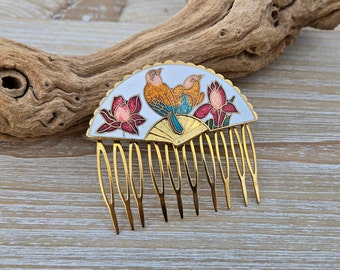 Vintage Fan Hair Comb. Bird & Lotus. Cloisonne. Wedding, Anniversary, Birthday, Bridal.