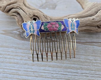 Vintage Butterfly Hair Comb. Cloisonne. Wedding, Anniversary, Birthday, Bridal. Gift For Her, Gift For Women