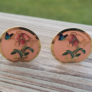 Vintage Orchid Earrings, Clip On. Cloisonne Earrings. Flower Earrings. Gift For Mom, Anniversary Gift, Birthday Gift, Bridesmaid Gift.
