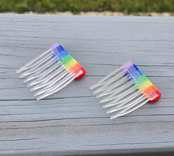 Vintage 40s 50s Prong Set Glass Rainbow Hair Combs Set Vintage Bronze Hair Combs: Rainbow Crystal Faux Pearl Bridal  main image 3