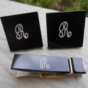 Juego de gemelos y pasador de corbata vintage con monograma R. Regalo para padrinos de boda, novios, padres y esposos.