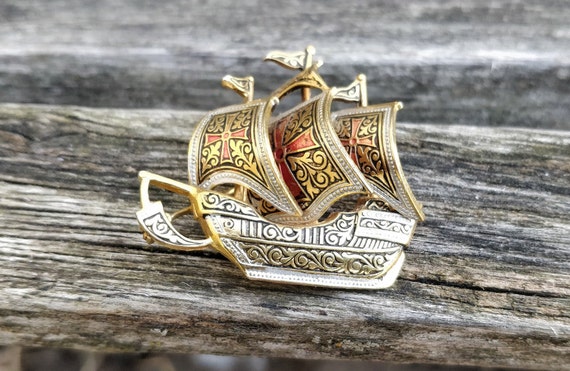Vintage Damascene Ship Pin. 1960s. GIfts For Wome… - image 1