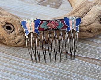 Vintage Butterfly Hair Comb. Cloisonne. Wedding, Anniversary, Birthday, Bridal.