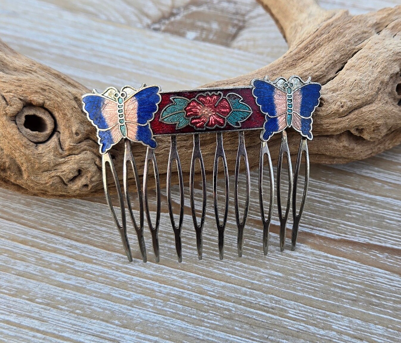 Vintage Butterfly Hair Comb. Cloisonne. Wedding, Anniversary  display picture 3