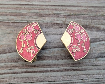 Vintage Fan Earrings, Clip On. Cherry Blossom. Gift For Mom, Bride, Bridesmaid, Anniversary, Christmas, Birthday. Cloisonne Earrings