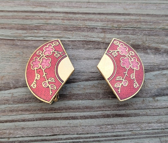 Vintage Fan Earrings, Clip On. Cherry Blossom. Gift For Mom, Bride, Bridesmaid, Anniversary, Christmas, Birthday. Cloisonne Earrings