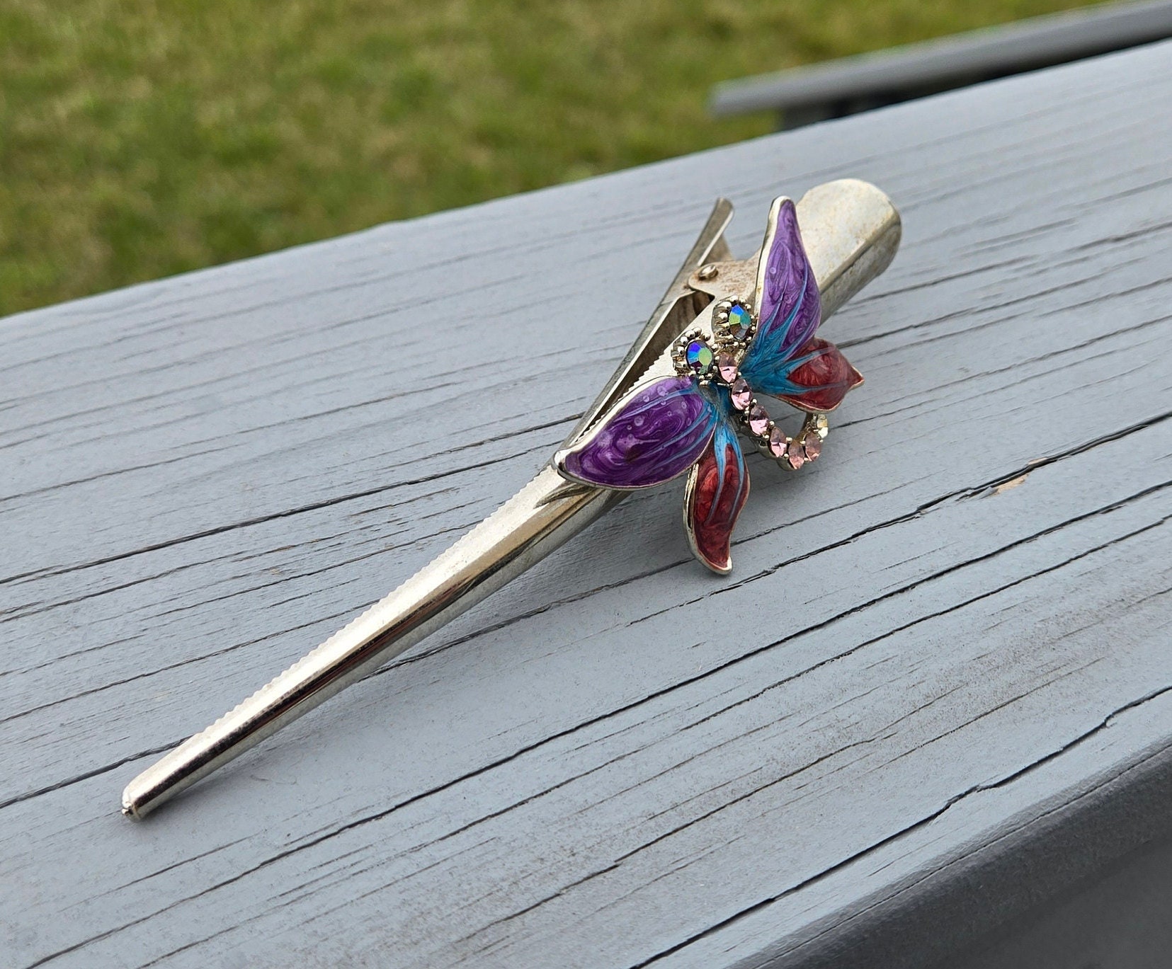 Vintage Butterfly Hair Clip. Cloisonne. Wedding, Anniversary 
