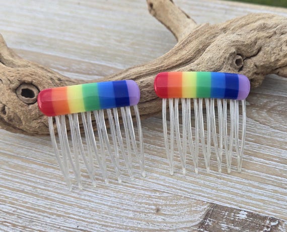 Vintage 40s 50s Prong Set Glass Rainbow Hair Combs Set Vintage Bronze Hair Combs: Rainbow Crystal Faux Pearl Bridal  main image 2