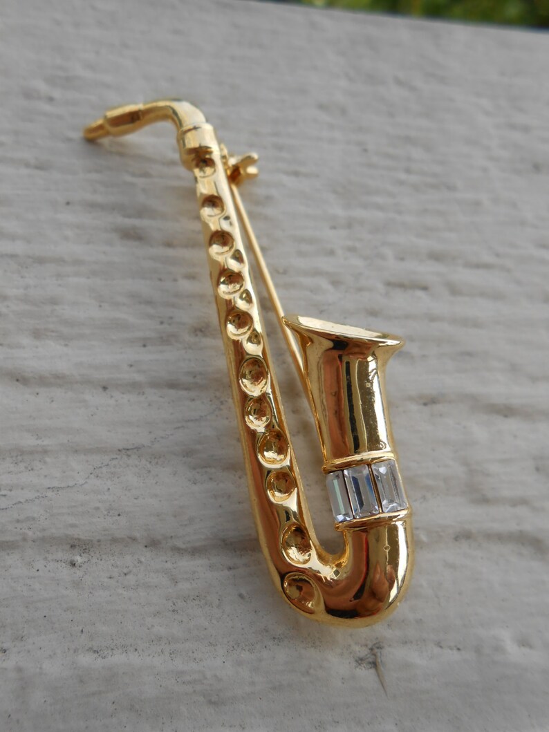 Vintage Saxophone W/ Rhinestones Gold Pin. 1980s Etsy