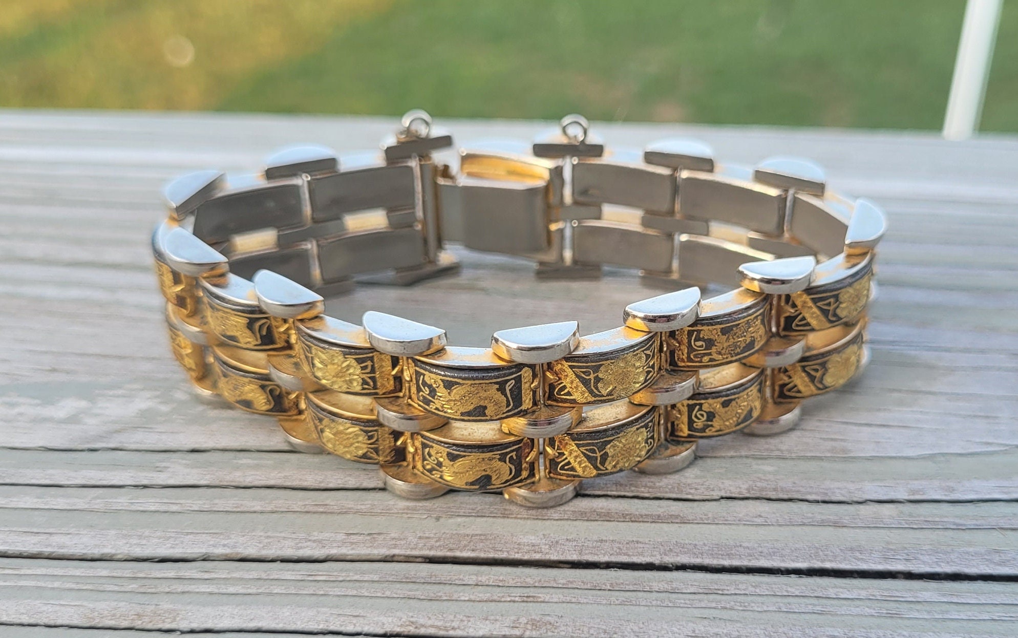 Bracelet Vintage Damasquiné Or 24k Sur Acier - Diamètre 60 Mm - Style Jonc - Occasion