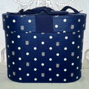Guerlain, Oval Linen Covered Box, 6.5&quot; x 8&quot; x, 4 5/16&quot;, Beautiful Guerlain Monogram Fabric, Navy Blue, Paris, France ..