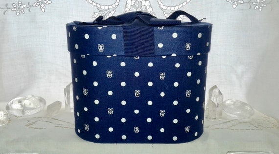 Guerlain, Oval Linen Covered Box, 6.5" x 8" x, 4 5/16", Beautiful Guerlain Monogram Fabric, Navy Blue, Paris, France ..