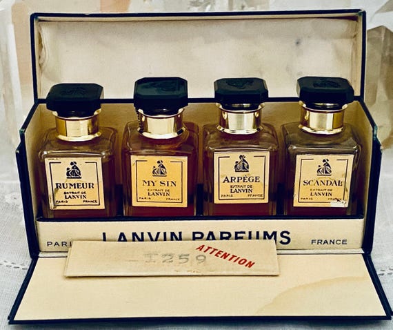 Jeanne Lanvin, Coffret Set, Arpège, Mon Peche, Rumeur, Scandal, 4 x 7.5 ml. or 0.25 oz. Flacons, Parfum Extrait, 1936, 1970, Paris, France