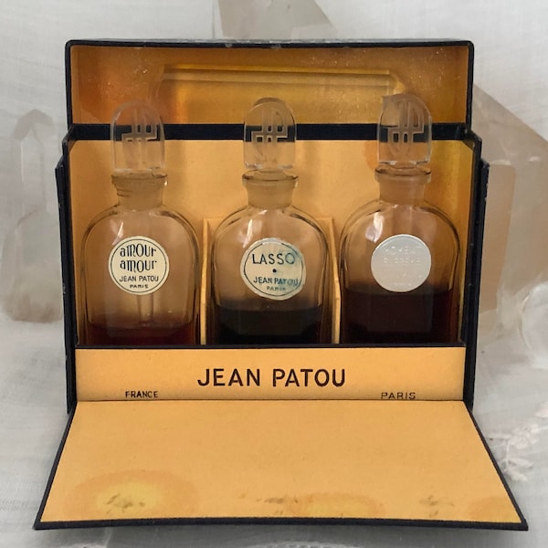 Jean Patou, Coffret, Lasso, Amour Amour, Moment Suprême, 3 x 15 ml. or 0.5 oz. Flacons, Parfum Extrait, 1930's,