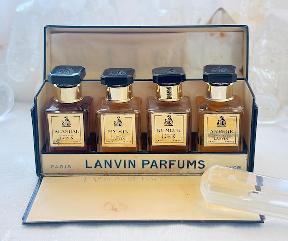 Jeanne Lanvin, Coffret Set, Arpège, Mon Peche, Rumeur, Scandal, 4 x 7.5 ml. or 0.25 oz. Flacons, Parfum Extrait, 1936, 1970, Paris, France .