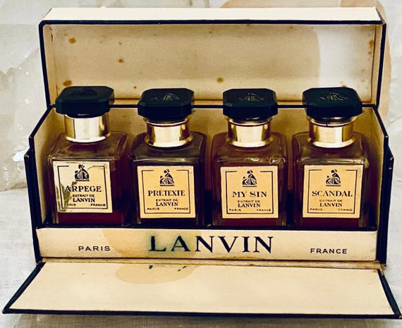Jeanne Lanvin, Coffret Set, Arpège, Mon Peche, Prétexte, Scandal, 4 x 7.5 ml. or 0.25 oz. Flacons, Parfum Extrait, 1936, 1970, Paris, France