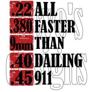 May include: Red and black graphic with the text ".22 ALL FASTER THAN .40 DAILING .45 911"