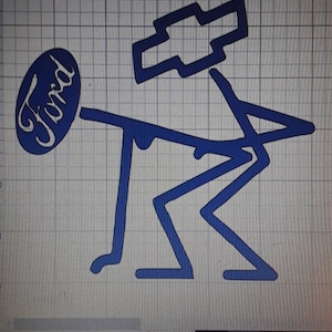 May include: A blue silhouette of a stick figure holding a blue Ford logo. The stick figure is in a squatting position with its arms outstretched.