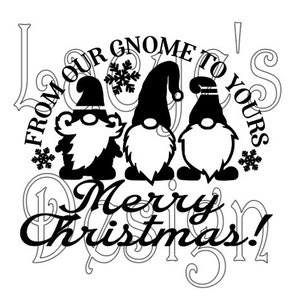 Puede incluir: Ilustración en blanco y negro de tres gnomos con el texto "From Our Gnome To Yours Merry Christmas!"