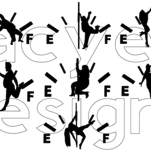 May include: Black and white illustration of the words "laceys designs" with silhouettes of people dancing on poles in each letter.