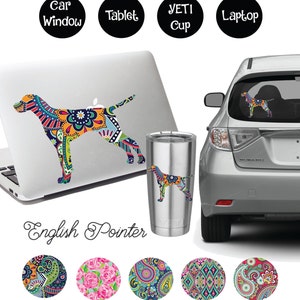 May include: A colourful English Pointer dog silhouette decal with a paisley pattern. The decal is shown on a laptop, car window, and Yeti cup. Five different paisley pattern options are shown below the image.