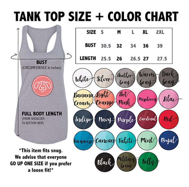 Pode incluir: Uma tabela de tamanhos e cores para tops de tanque. A tabela mostra os tamanhos S a 2XL com medidas de busto e comprimento em polegadas. A tabela de cores mostra 20 cores diferentes, incluindo branco, prata, cinza mesclado, cinza quente, cinza escuro, creme de banana, laranja claro, rosa quente, framboesa, lil&aacute;s, &iacute;ndigo, azul marinho, roxo, cardeal, vermelho, turquesa, Canc&uacute;n, Tahiti, menta, azul royal, preto, verde militar e kelly.