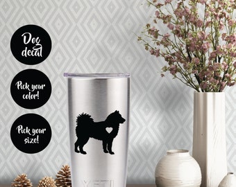May include: A stainless steel Yeti tumbler with a black silhouette of a dog with a heart on its chest. The text "Dog decal" is on a black circle, "Pick your color!" is on a black circle, and "Pick your size!" is on a black circle.
