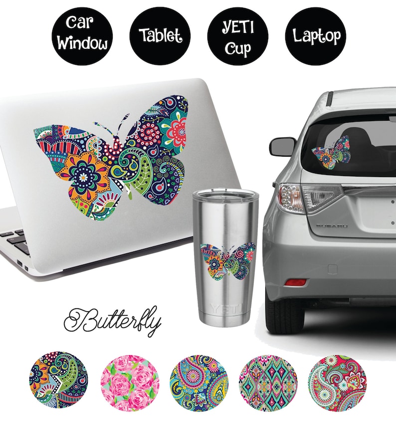 Gemusterter Schmetterling Aufkleber: Auto, Laptop, Becher Vinyl Aufkleber Bild 1