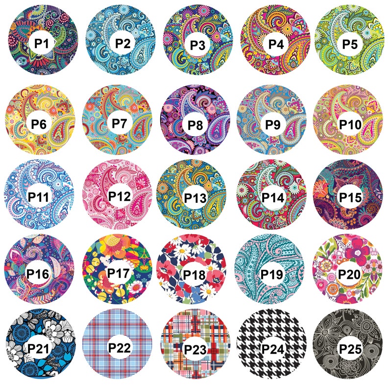 K&ouml;nnte beinhalten: Ein Satz von 25 bunten Kreisen mit Mustern, die jeweils von P1 bis P25 nummeriert sind. Die Muster umfassen Paisley-, Blumen-, Karomuster und geometrische Designs.