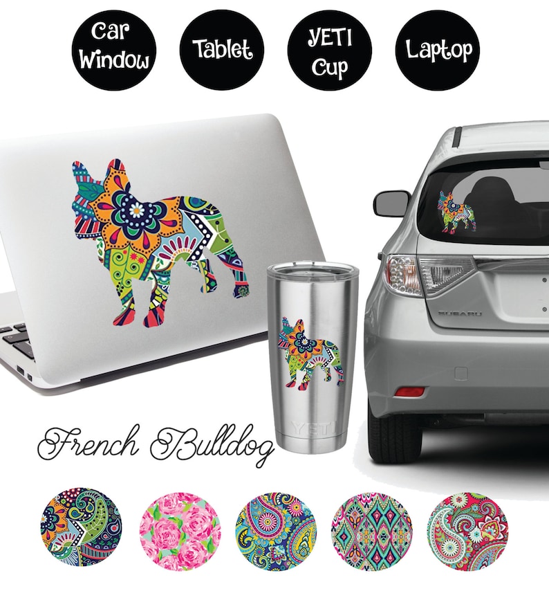 K&ouml;nnte beinhalten: Ein farbenfroher franz&ouml;sischer Bulldoggen-Silhouettenaufkleber mit Paisley-Muster. Der Aufkleber ist auf einem Laptop, einem Yeti-Becher und einem Autofenster zu sehen. Der Aufkleber ist in f&uuml;nf verschiedenen Paisley-Mustern erh&auml;ltlich.